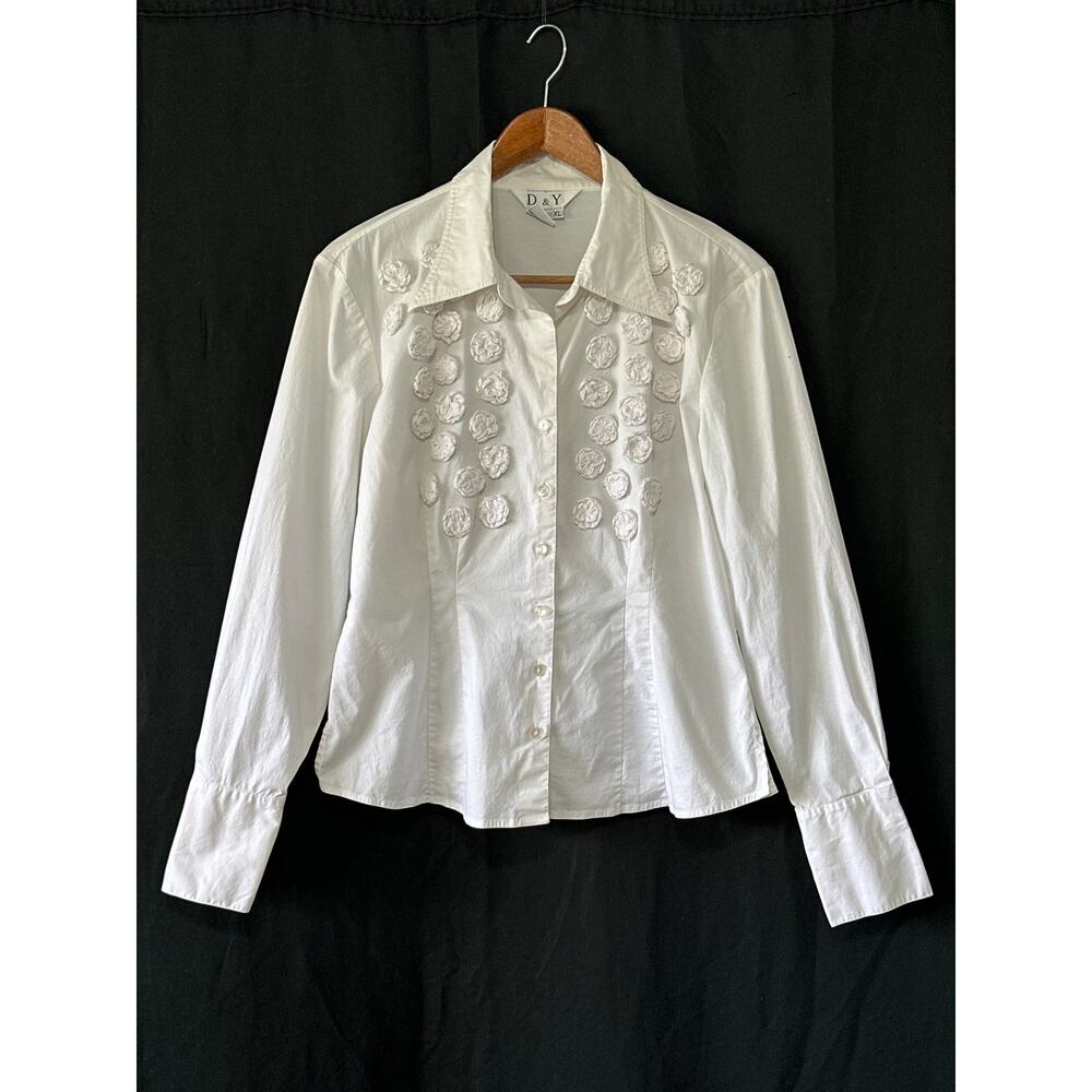 VTG D&Y Coquette Country Western Bobble Floral Button Up Shirt XL White Girly